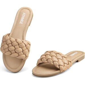 Women's All Tan Round Open Toe Slide Summer Beach Flat Sandals Shoes